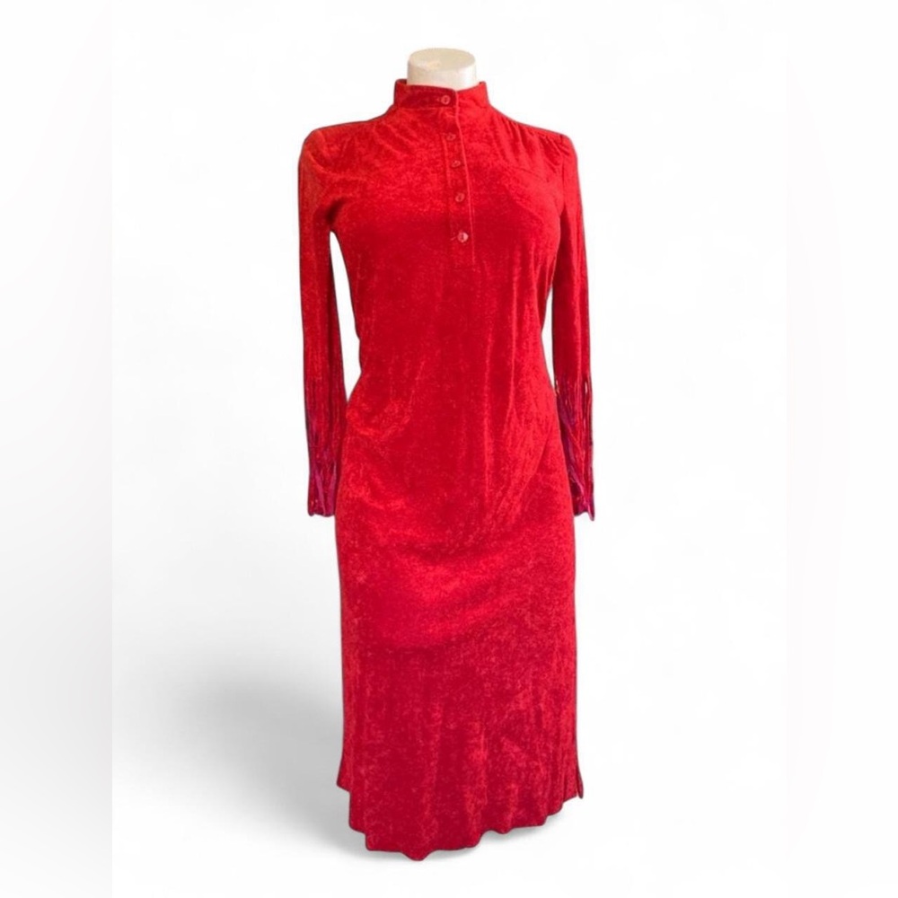Vintage 70s Jody of California Red Terry Cloth Fringe Dress Size 12 Western Boho